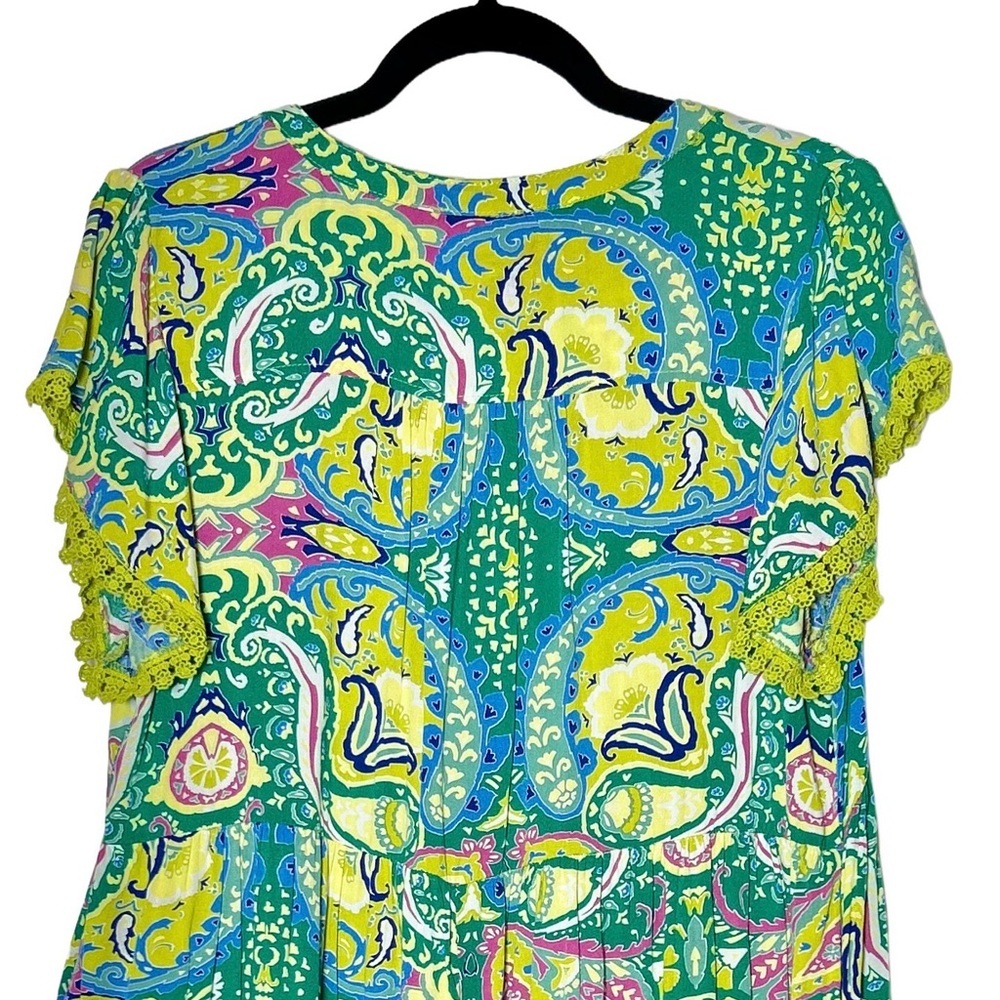 Umgee Vibrant Paisley Dress w/ Pockets & Embroidered Lace Sleeves & V-Neckline L - Picture 7 of 14